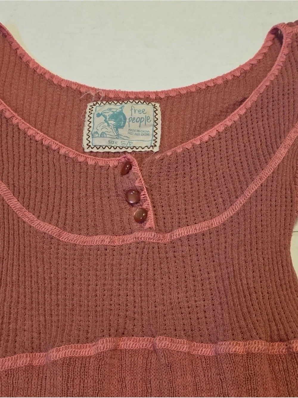 Vintage Free People Dusty Rose Ribbed Knit Top with Flutter Sleeves